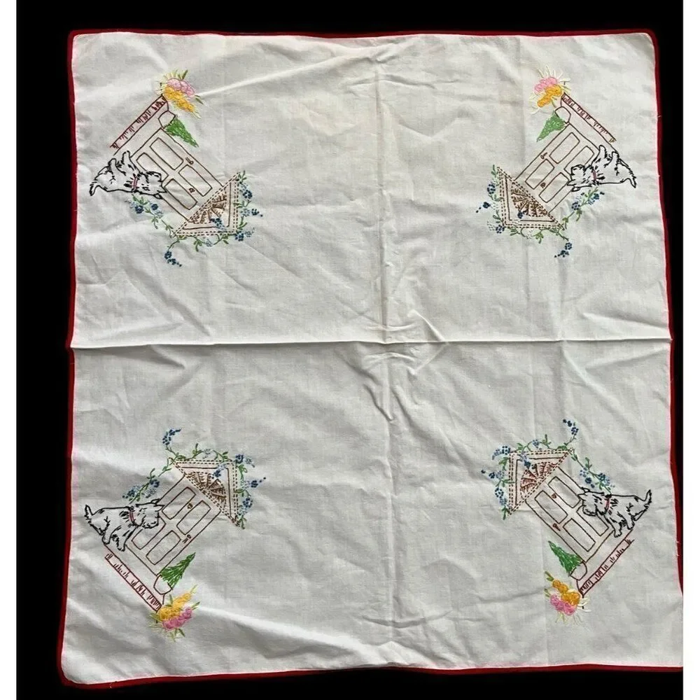 Hand Embroidered Scottish Terrier Bridge Card Table Tablecloth Scottie Dog